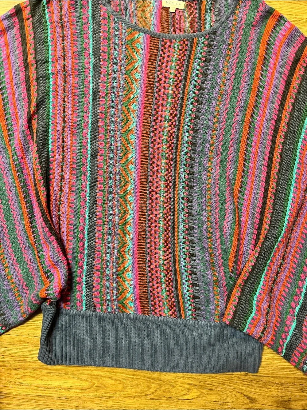 NOVICA Peruvian Knit Poncho Sweater Alpaca Blend Multicolor Striped Boho Fiesta
